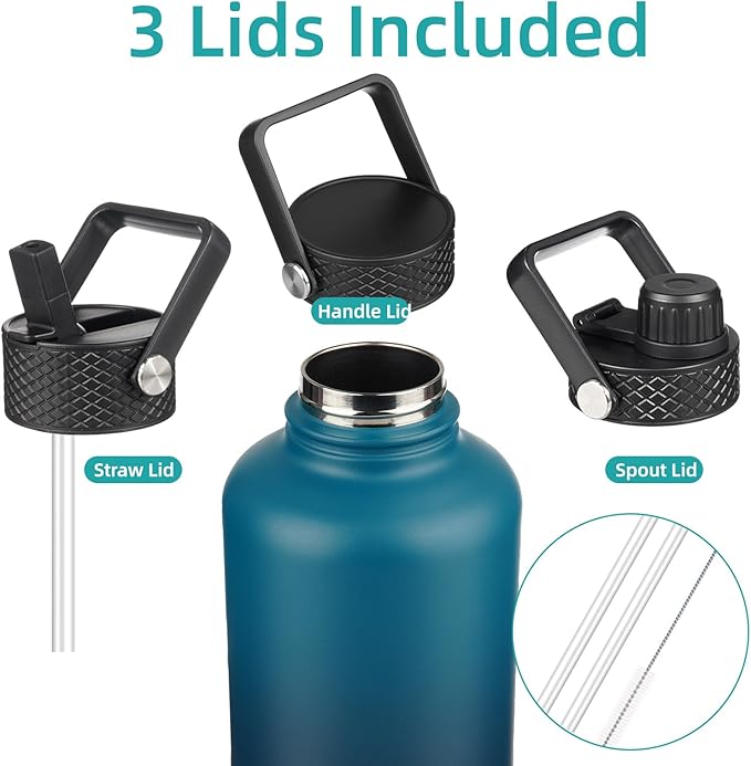 Insulated Water Bottle with Straw,50 oz 3 Lids Water Jug with Carrying Bag,Paracord Handle,Double Wall Vacuum Stainless Steel Metal Flask,Indigo Black