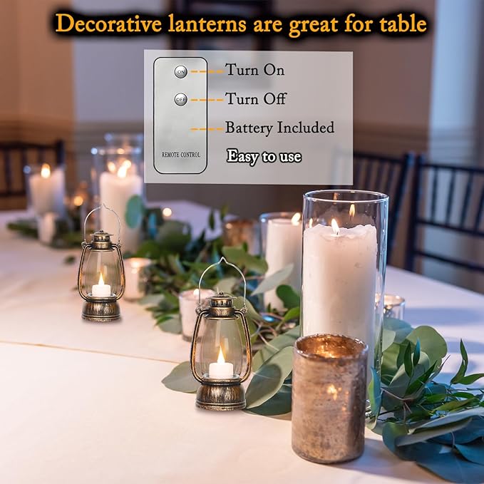 LLQ Vintage Decorative Lanterns with Remote, Camping Party Decorations, Table Centerpiece, Indoor & Outdoor Hanging Lanterns, Christmas Halloween Wedding Party Decor, 4-Pack (Bronze Brushed)
