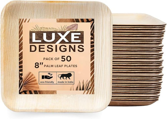 Luxe Designs Palm Leaf Plate - Eco-Friendly Disposable Dinnerware - Heavy-Duty Compostable & Biodegradable - Microwave & Oven Safe - 8" Set of 50