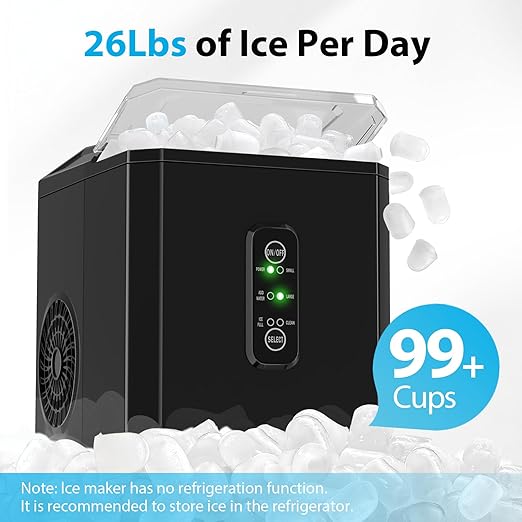 Aeitto Ice Makers Countertop, 9 Ice Cubes Release in 6 Mins, 26Lbs/24H, 2 Sizes of Bullet Ice Machine,Self-Cleaning Portable Ice Maker with Ice Scoop and Basket for Home Kitchen Office RV Bar, Black