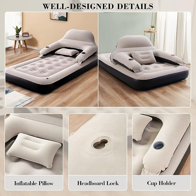 RAPTAVIS Twin Size Air Mattress Sofa Bed with Headboard and Pillow, Inflatable Bed for Outdoor Overnight