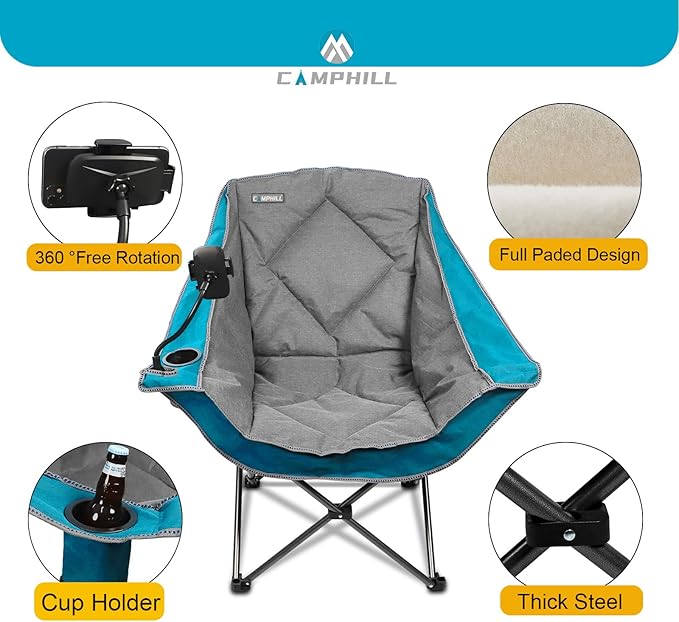 Folding Camping Chair,Oversized Portable Camping Chair with Cup Holder and Phone Holder,Heavy Duty Padded Lawn Chair for Camping,Tailgates,Beach,and Sports,Lake Blue