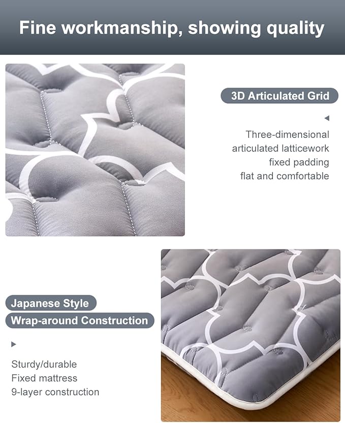 6th Generation Japanese Floor Futon Mattress - Extra-Thick 9-Layer Modern Futon with 100% High-Density Foam, Portable Floor Mattress Sleeping Pad for Adults, Guest Room, Dormitory, Queen Size(60"X80")