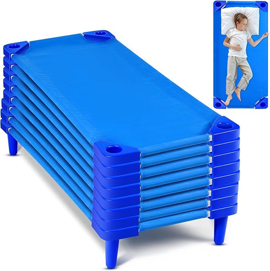 8 Pcs Stackable Daycare Cots for Toddler 54" l x 23" W Kids Cots for Sleeping Portable Kids Bed Furniture Bed Frames Headboards Footboards for Classroom Preschool (Blue)