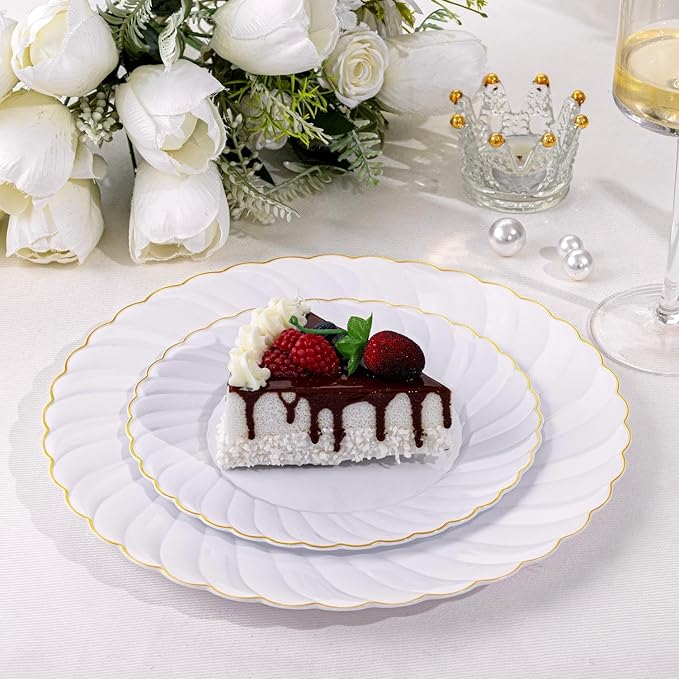 U-QE 60 Pcs White Plastic Plates with Gold Trim – Scalloped Plastic Plates Heavy Duty - Include 30 10.25" Dinner & 30 7.25" Dessert Plate – Perfect for Weddings, Bridal Showers and Party