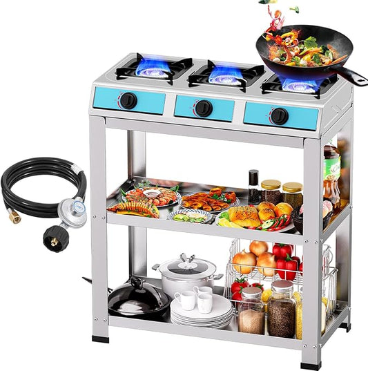 3 Burner Propane Gas Stove,40000BTU Portable Gas Stove with Support Leg Stand and Adapter Auto Ignition Camping Stove,propane burner for RV, Apartment, Outdoor Cooking