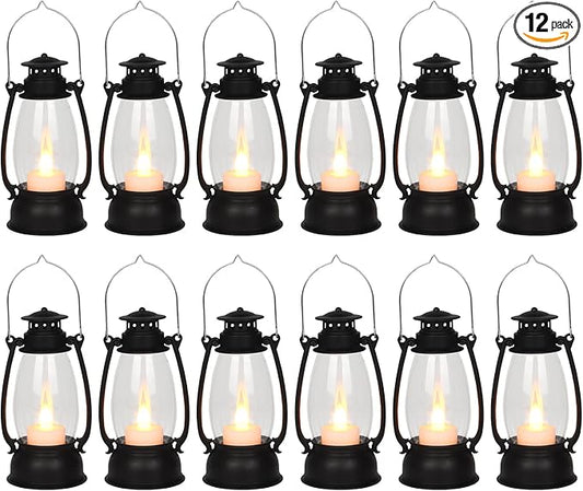 12Pcs Mini Lantern for Cowboy Halloween Christmas Wedding, Black 6" Candle Lantern with Flickering LED for Camping Western Party Decorations, Table Centerpiece, Hanging Lamp Ornaments Bulk