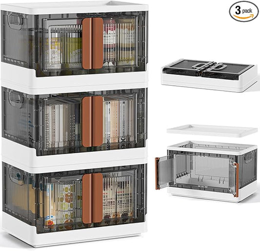 HAIXIN Closet Organizers and Storage - Trunk Car Organizer with Lids and Doors, Dorm Room Essentials, 8.4 Gal Collapsible Stackable Storage Bins, Plastic, 3 Pack