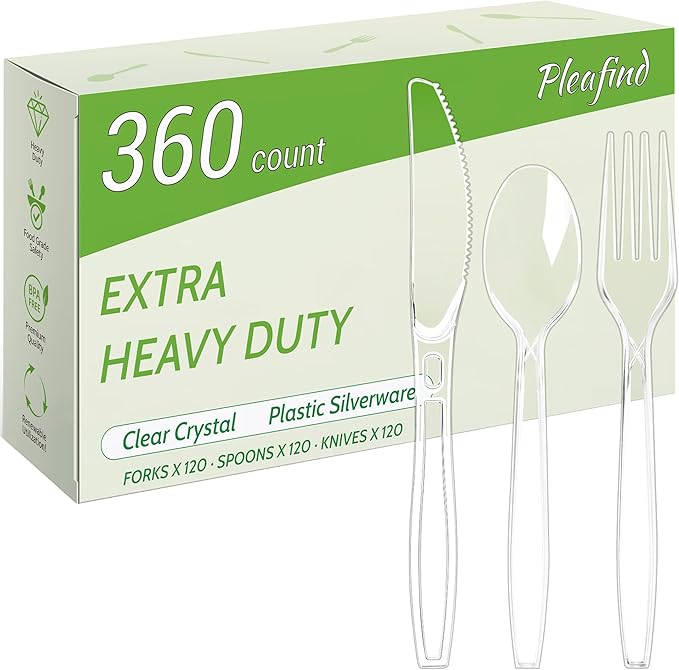 Pleafind 360 Count Plastic Silverware - 7 Inch Heavy Duty, Food Grade Plastic Utensils Set for Family Gatherings, Picnics & Everyday Use, Disposable Silverware with 120 Forks, Spoons and Knives