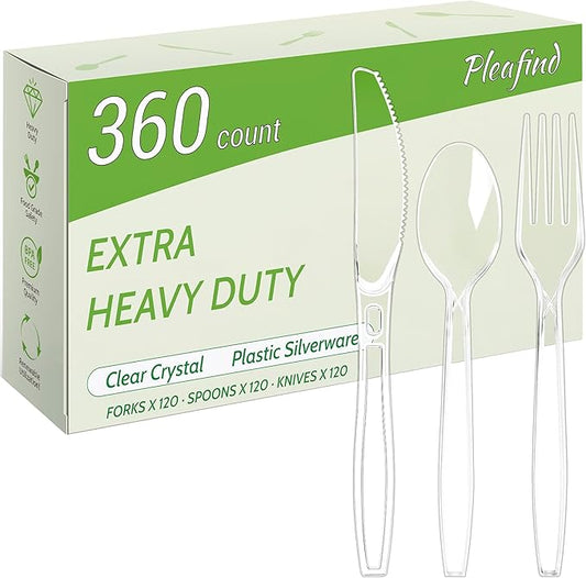 Pleafind 360 Count Plastic Silverware - 7 Inch Heavy Duty, Food Grade Plastic Utensils Set for Family Gatherings, Picnics & Everyday Use, Disposable Silverware with 120 Forks, Spoons and Knives