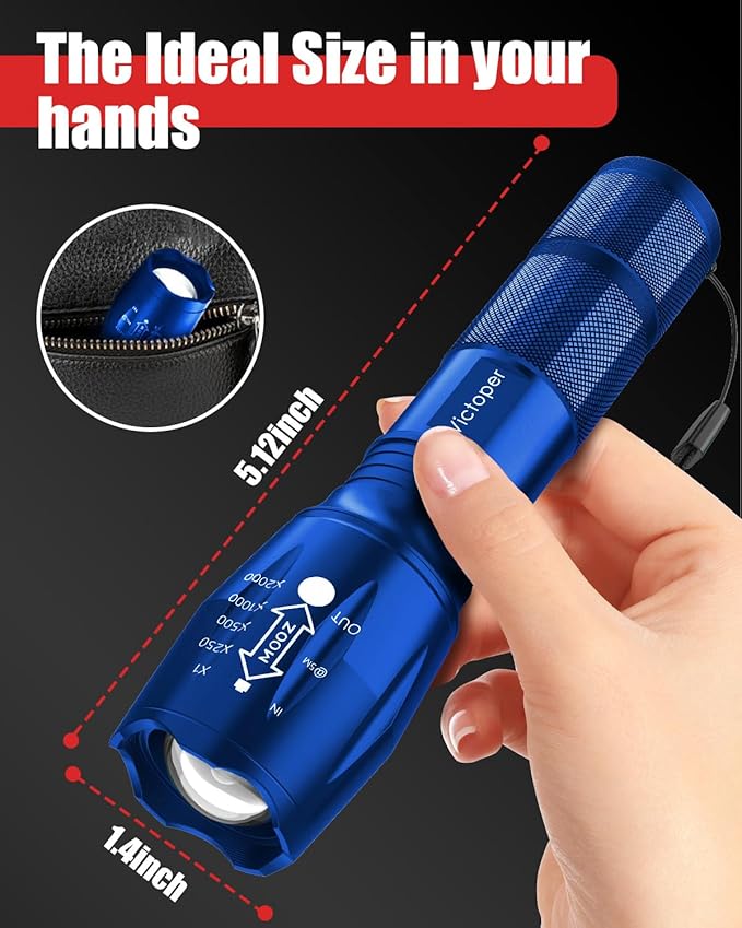 Victoper LED Flashlight 2 Pack Blue, Bright High Lumens Tactical Flashlights High Lumens with 5 Modes, Waterproof Zoomable Flash Light for Outdoor, Gifts for Father's Day Camping Essentials Gear