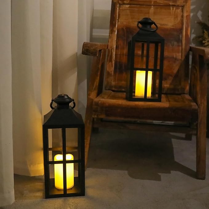 Bdor 2 Pack Black Metal Lantern with LED Candle, Battery Operated, 17.7 Inch Tall Decorative Candle Holder, for Indoor and Outdoor Use, Perfect for Home Décor, Weddings, Parties, and Holiday