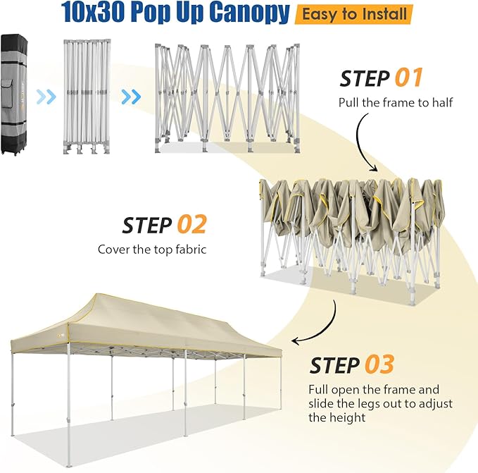 HOTEEL 10x30 Pop up Canopy Tent for Parties, Heavy Duty Easy Setup Tent Without Sidewalls, Outdoor Commercial Instant Gazebo for Wedding Event, with Portable Bag, Khaki(Hexagonal Frame)