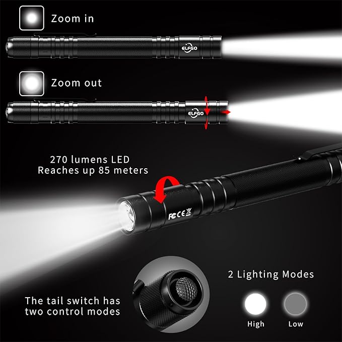 LED Pen Light, Zoomable Penlight with 2*AAA, 270 Lumens Pocket Size Clip Pen Flashlight for Nurse, Medical, Inspection, Repair, Engineer, Doctor