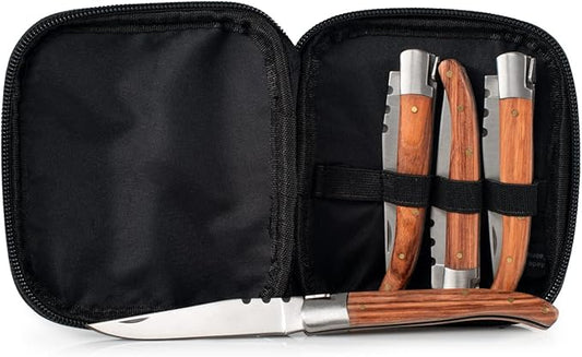 GSI Outdoors Rakau Folding Steak Knife Set, Reclaimed Wood Handles, Stainless Steel, Includes rPET Cloth & Travel Case