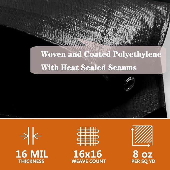 Tarps Heavy Duty Waterproof 5x8ft,TEZONG Black Plastic Tarp 16Mil Outdoor Tarpaulin Cover for Emergency Rain,Patio Furniture,Wood,Roof,Camping,Car,Pool