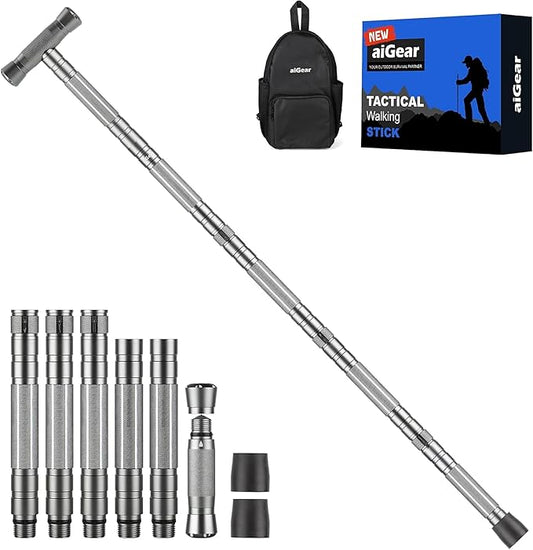 aiGear Tactical Walking Stick - Upgraded Survival Hiking Stick with Outdoor Multi-Tool Gear Trekking Poles for Outdoor Adventures, Trekking, Survival Hiking Tactical Tool