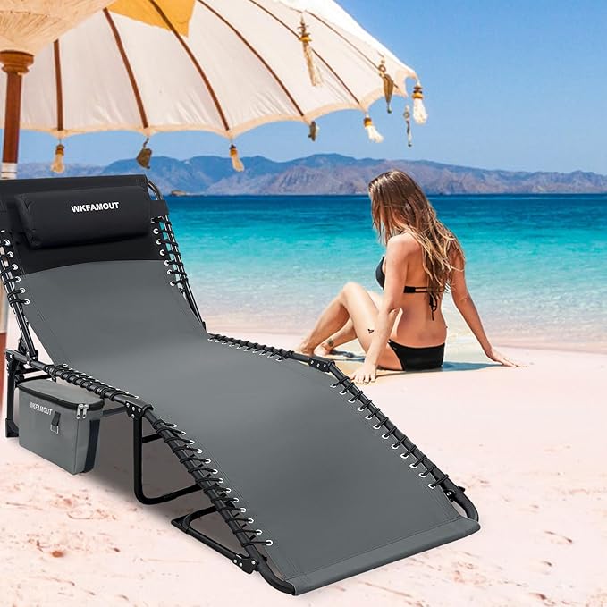 Folding Lounge Chair Outdoor with Insulated Cooler Bag Portable for Outside Patio Chaise Lounge Chair 5-Position with Pillow for Beach Sunbathing Pool Camping Lawn