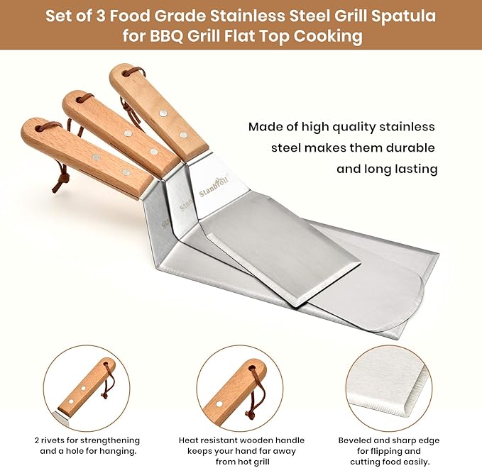 Stanbroil Large Metal Griddle Spatula Set with Long Flat Spatulas and Cast Iron Grill Press for Flat Tops, Griddles, Grills, Ovens and Stoves,Set of 4