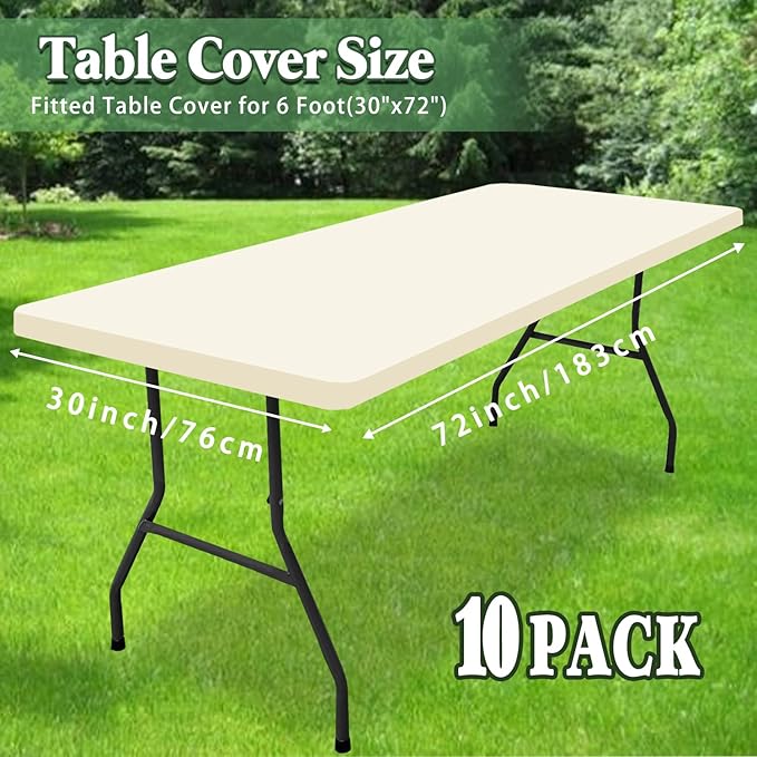6 Foot Table Cover Fitted 10 Pack Picnic Elastic Tablecloth for Rectangle Tables Waterproof Stretch Washable Folding Indoor Outdoor Spandex Table Cloth for Parties Banquet Camping (Beige,30" x 72")
