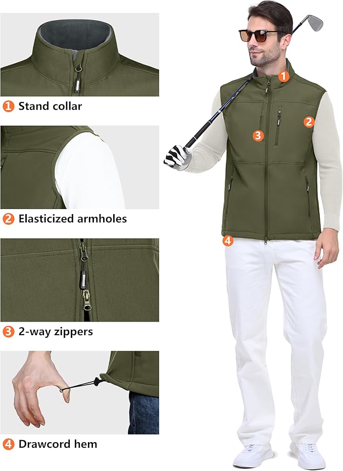 Outdoor Ventures Men's Running Vest Outerwear, Lightweight Windproof Fleece-Lined Softshell Sleeveless Jacket for Golf