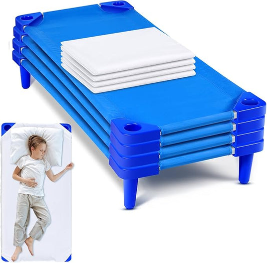 8 Pcs Stackable Daycare Cots for Kids with Sheets 54" l x 23" W T Kids Cots Furniture Bed Frames Headboards Footboards for Sleeping and Daycare (Blue)