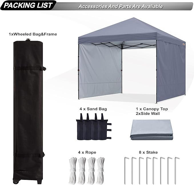 ABCCANOPY Easy Pop up Canopy Tent with 2 Sidewalls for Outdoor Sun Blocking or Rain Protection,8X8, Gray