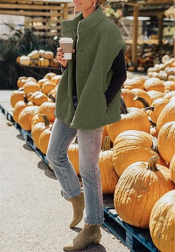 Hongqizo Womens Fuzzy Fleece Vest Casual Oversized Warm Button Down Sherpa Vest Jacket with Pockets