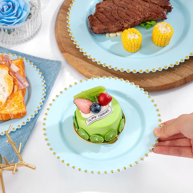 EI 60pcs Blue Plastic Plates,Dispoable Heavy Duty Plastic Plates with Gold Rim,Baby Blue Dessert/Dinner Plate,Fancy Elegant Plate for Party,Birthday,Afternoon Tea