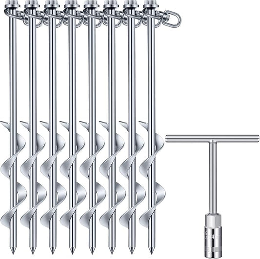 Zhengmy 8 Pcs Ground Anchors Screw in, 12 Inch Heavy Duty Tent Stakes with Trampoline Anchor Hook Ground Stakes for Camping Tent Canopies Ports Sheds Swing Sets Securing Animals (Silver)