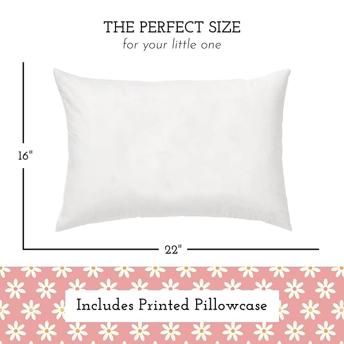 Little Sleepy Head Youth Pillow with Pillowcase 16x22, Soft Jumbo Toddler Pillows, Hypoallergenic Pillow Case - Best Kids Pillows for Sleeping, Perfect Kids Travel Pillows (Daisies)