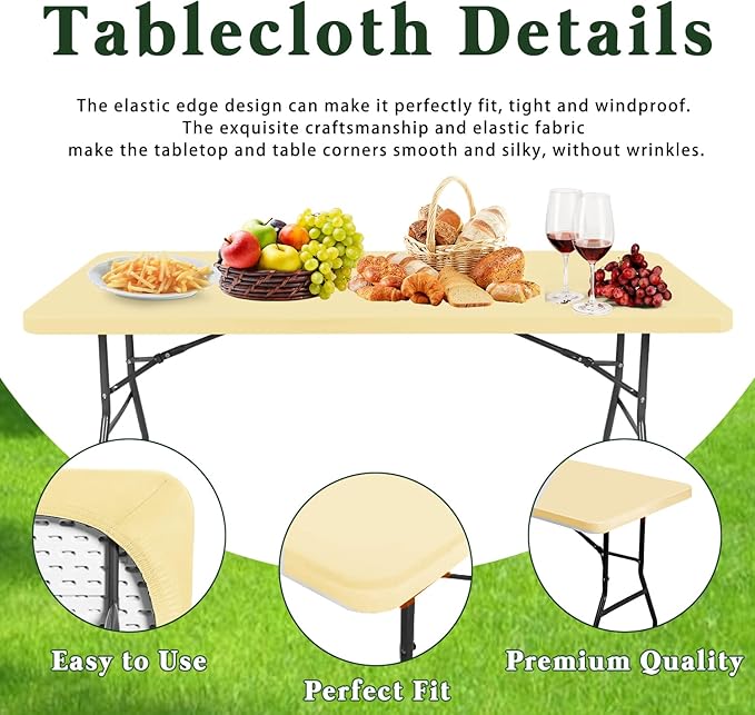8 Foot Picnic Table Cover Fitted 10 Pack Elastic Outdoor Tablecloths for Rectangle Tables Waterproof Stretch Washable Patio Folding Spandex Table Cloth Camping Banquet Parties (Champagne,30" x 96")