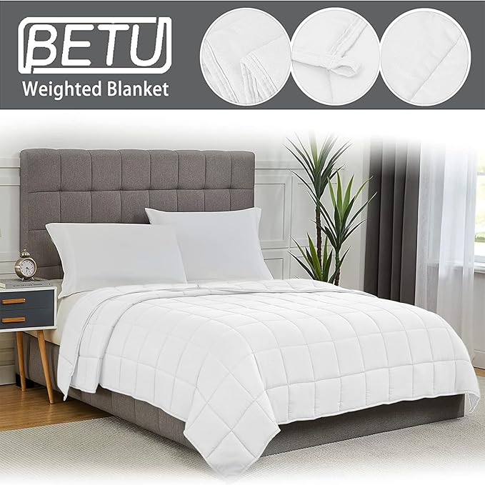 Weighted Blanket for Adults (15lbs, 60"x80" Queen Size) - Cooling and Breathable Heavy Blanket for 130-220lbs with Premium Glass Beads - Soft Thick Blanket for All-Season Sleeping Comfort -White