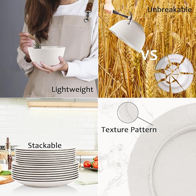 40 Pieces Wheat Straw Dinnerware Sets for 8, Dinner Plates, Cereal Bowls and Drinking Cups, Unbreakable and Reusable Plastic Dinnerware Sets (White)