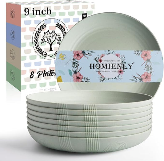 Homienly Wheat Straw Plates, Dinner Plates with Unique Texture Set of 8, Alternative to Plastic Plates, Plate Set for Kitchen, Camping, Unbreakable Microwave and Dishwasher Safe Plate- Light Grey