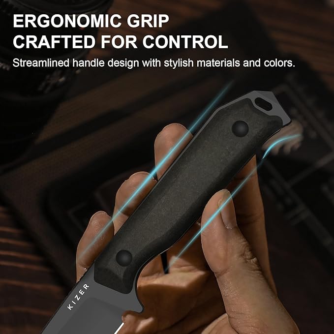 Kizer Begleiter Fix Fixed Blade Knife, 3.74" Tanto 3V Blade Hunting Knives with Kydex Sheath, Brown Richlite Handle EDC Knife for Camping Hunting Survival 1045MT1