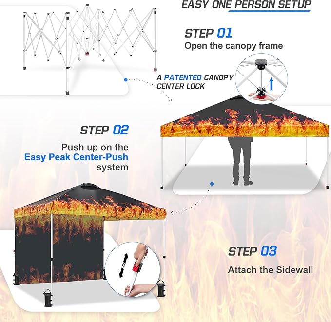 EAGLE PEAK Pop Up Canopy Tent with 1 Sidewall, Easy Setup Event Tent, Outdoor Sun Shade, Wheeled Carry Bag, Stakes and Guy Ropes, Instant Canopy 10x10, Flame