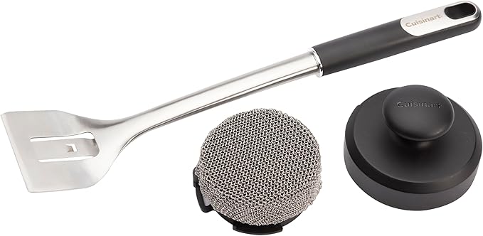 Cuisinart 3-in-1 Chainmail Grill Cleaner, Bristle-Free Dual Function Heavy-Duty Grill Brush with Removable Head, Worry-Free Stainless Steel Steam Clean BBQ Scrubber for Grills & Griddle