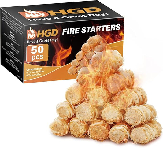 HGD Natural Fire Starters (50pcs) - Weather-Resistant Charcoal Starters for Indoor Fireplace, BBQ, Campfire, Wood Stove, Chimney, Fire Pit, Grill & Outdoor Use - Easy Lighting