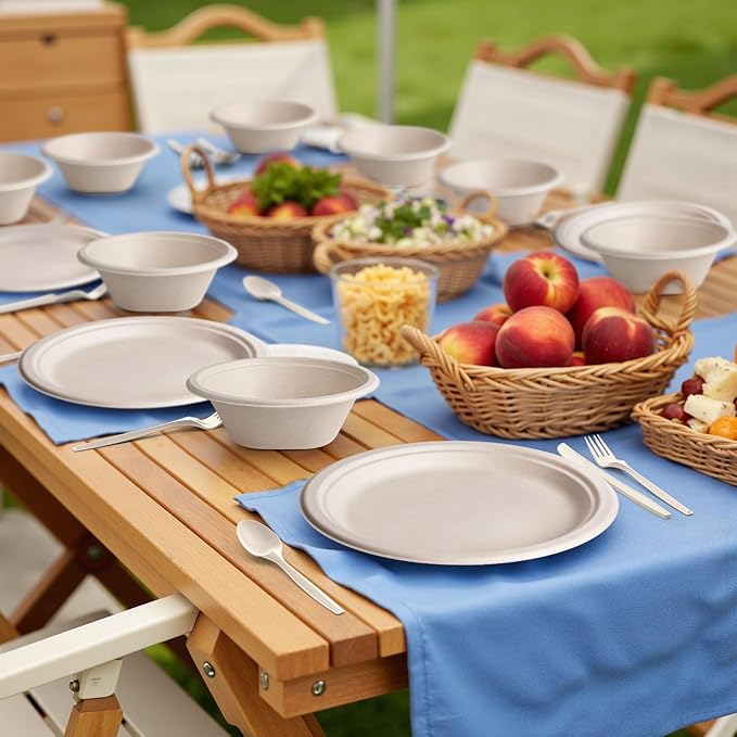 Gezond 250PCS Disposable Paper Plates and Bowls Set with Long Utensils, Compostable Plates Eco-Friendly Dinnerware Set Includes Biodegradable Plate, Bowls, Forks, Knives Spoons for Party Camping
