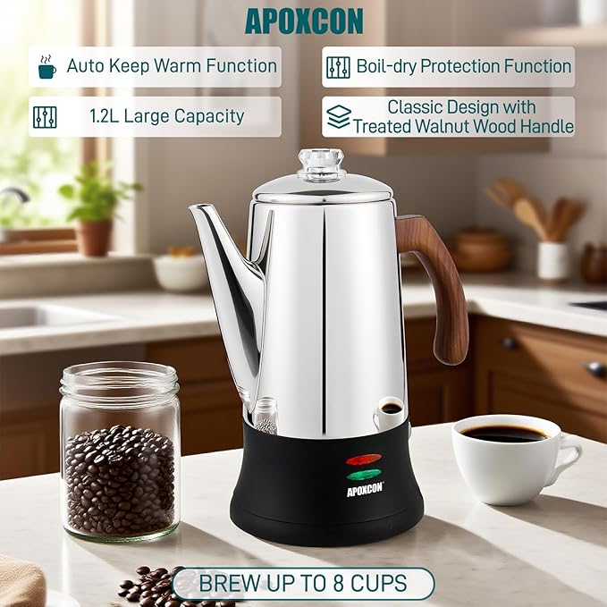 Electric Coffee Percolator Stainless Steel Coffee Maker with Two Heat Resistant Glass Knob & Treated Solid Wood Handle Keep Warm Cordless Serve Elegant Design Coffee Pot On/OFF Switch 8 Cup