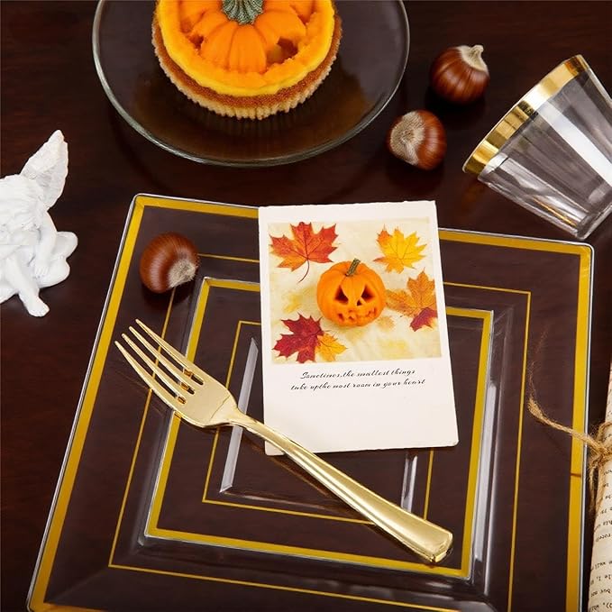 Festiva 350Pcs Clear Plastic Plates with Gold rim - Clear Gold Disposable Dinnerware for 50 Guests include 100 Square Plastic Plates 50Cups 50Cutlery 50Napkins Perfect for Thanksgiving Party&Wedding