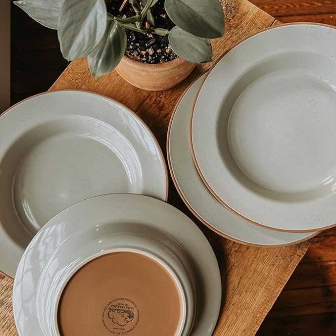 MORA Ceramic Wide Rimmed Soup Bowl 25oz, Set of 4 - For Pasta, Italian, Spaghetti, Dipping Bread, Fancy Dinner etc. Large Plate/Bowls Hybrid For Everyday & Restaurant Use, Large Flat Rim - Earl Grey