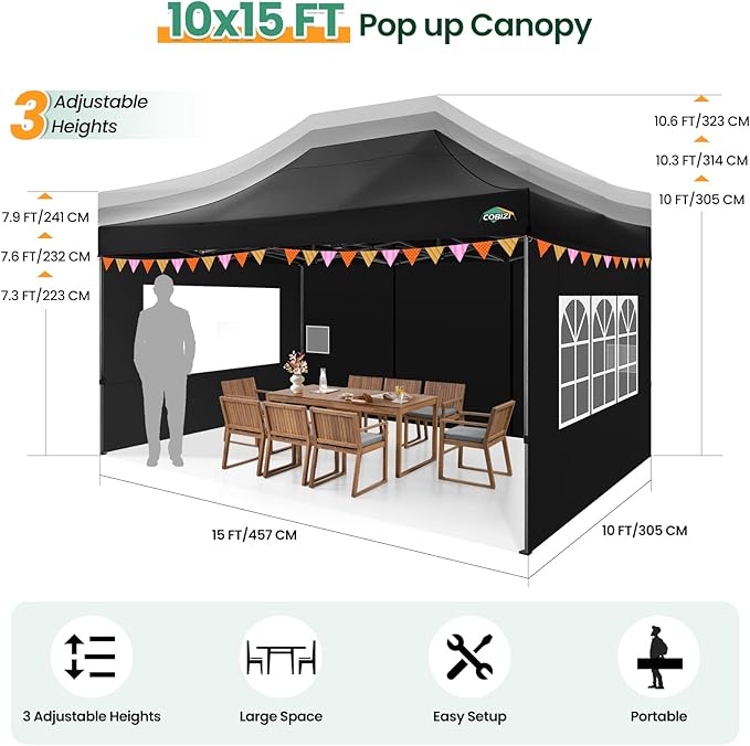 COBIZI 10x15 Heavy Duty Pop up Canopy Tent with 4 sidewalls Commercial Outdoor Canopy Wedding Party Tents for Wedding All Season Wind & Waterproof Gazebo with Carry Bag, Black(Frame Thickened)