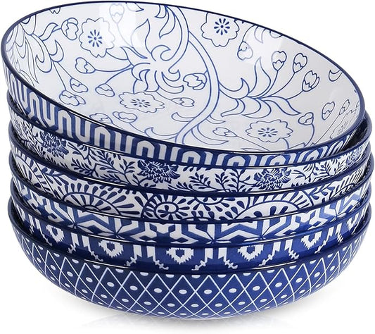 Selamica Ceramic Pasta Bowls Set 34 OZ, Large Salad Bowls 8.6 Inch Dinner Bowls for Kitchen, Wide Shallow Bowls Deep Plates for Pasta Soup, Microwave & Dishwasher Safe, Set of 6, Vintage Blue