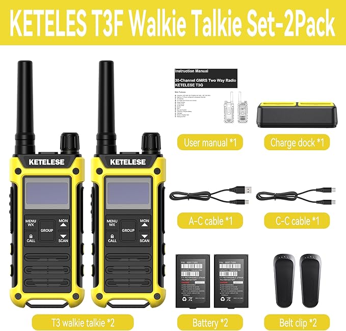 T3 FRS IP67 Waterproof Walkie Talkies with USB Mini Charger, 1100mAh Rechargeable Batteries, NOAA Weather Alert, 2 Way Radio for Cruise Ships Surfing, 2pack, Black/Yellow