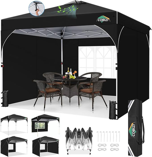 COBIZI 10x10 Pop Up Canopy Tent with 3 Removable Sidewalls & Air Vent | Waterproof Instant Setup 90s, Commercial-Grade Gazebo Tent for Camping/BBQ/Events | Includes Sandbags, Stakes & Ropes (Black)