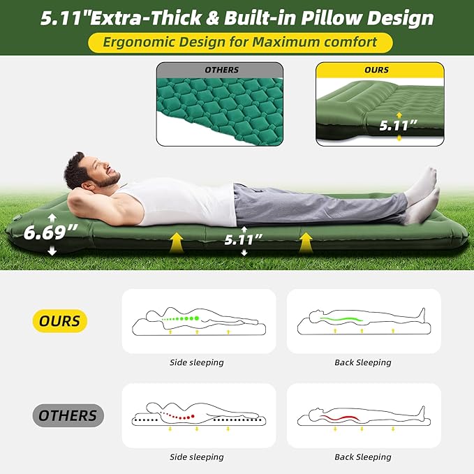 Sleeping Pad for Camping, 32.68 Inch Extra Wide Camping Mat with Pillow, Inflatable Sleeping Pads with Built-in Foot Pump, Air Mattress Extra Thick 5.11 Inch for Backpacking, Hiking, Tent (Army Green)