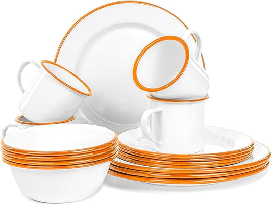 Red Co. 16-Piece Enamelware Metal Dinnerware Set for 4, Solid White/Orange Rim