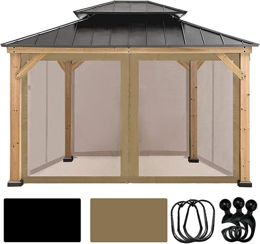 Coastshade Gazebo Canopy Mesh Walls Replacement 10x12 Gazebo Pergola Mosquito Screen Netting for Gazebos with 52Curtain Rings & 52Rail Hooks,Khaki